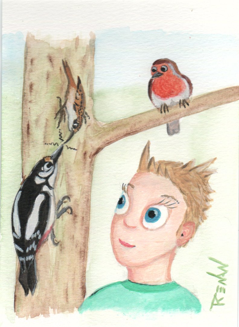 Pouyo avec Rosso le rougegorge, un pic peiche et un grimpereau, illustration de l'une des fiches sur les oiseaux